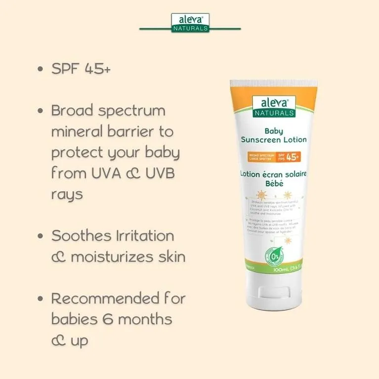 Aleva Naturals Organic Ingredients Baby & Toddler Sunscreen Lotion SPF 45  Fragrance-Free 3.4 fl oz. /100 ml