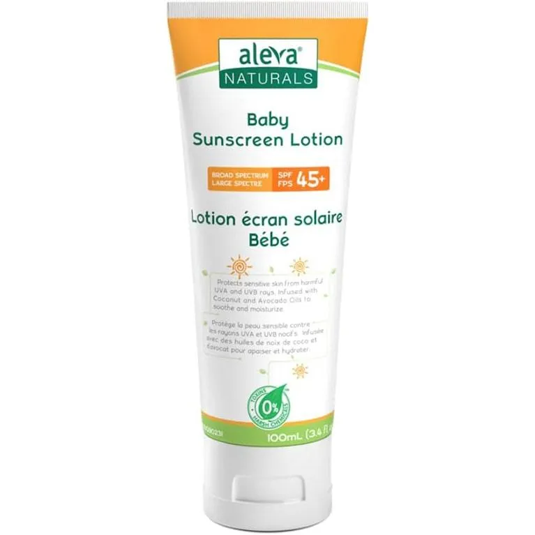 Aleva Naturals Organic Ingredients Baby & Toddler Sunscreen Lotion SPF 45  Fragrance-Free 3.4 fl oz. /100 ml