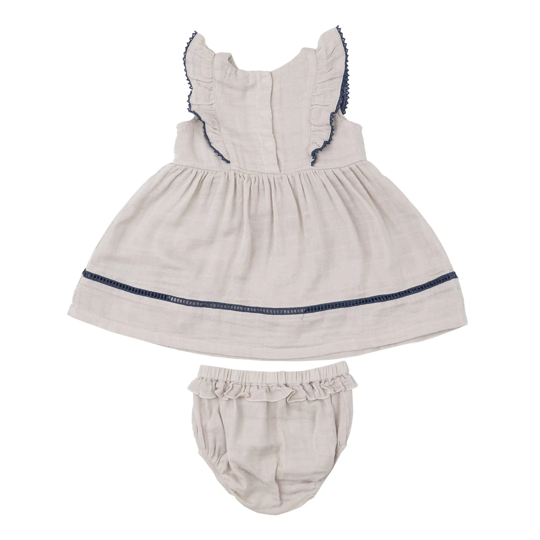 ANGEL DEAR OATMEAL SOLID MUSLIN RUFFLE DRESS WITH TRIM