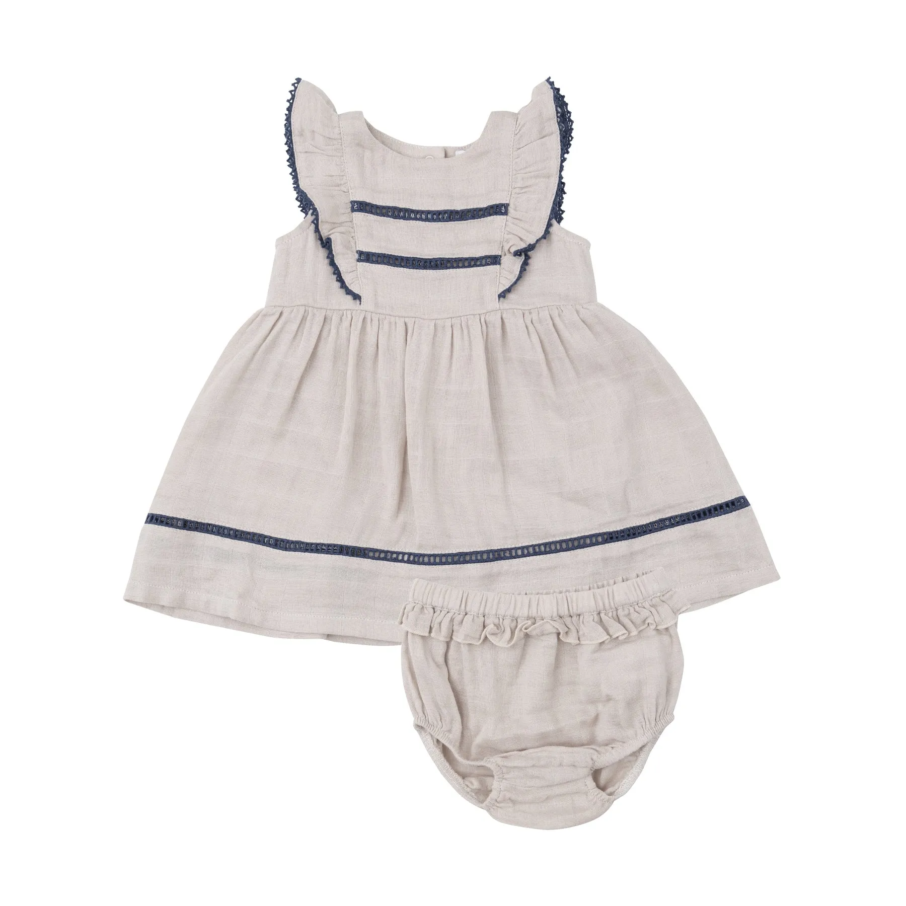 ANGEL DEAR OATMEAL SOLID MUSLIN RUFFLE DRESS WITH TRIM