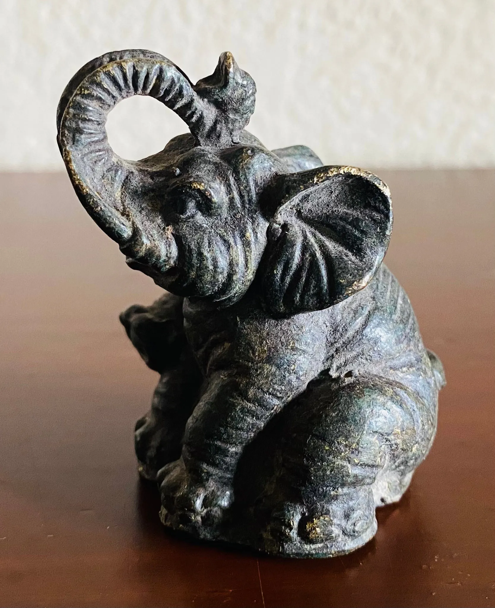 Antique Cute Playful Elephant Metal Iron Metal Charcoal Tone Figurine Sculpture