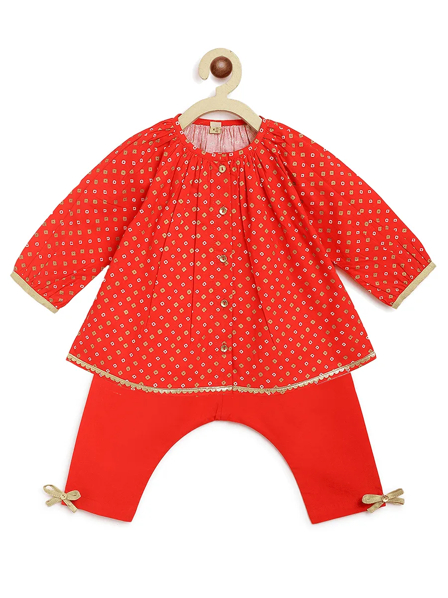 Baby Girl Bandhani Printed Jhabla Set-Red