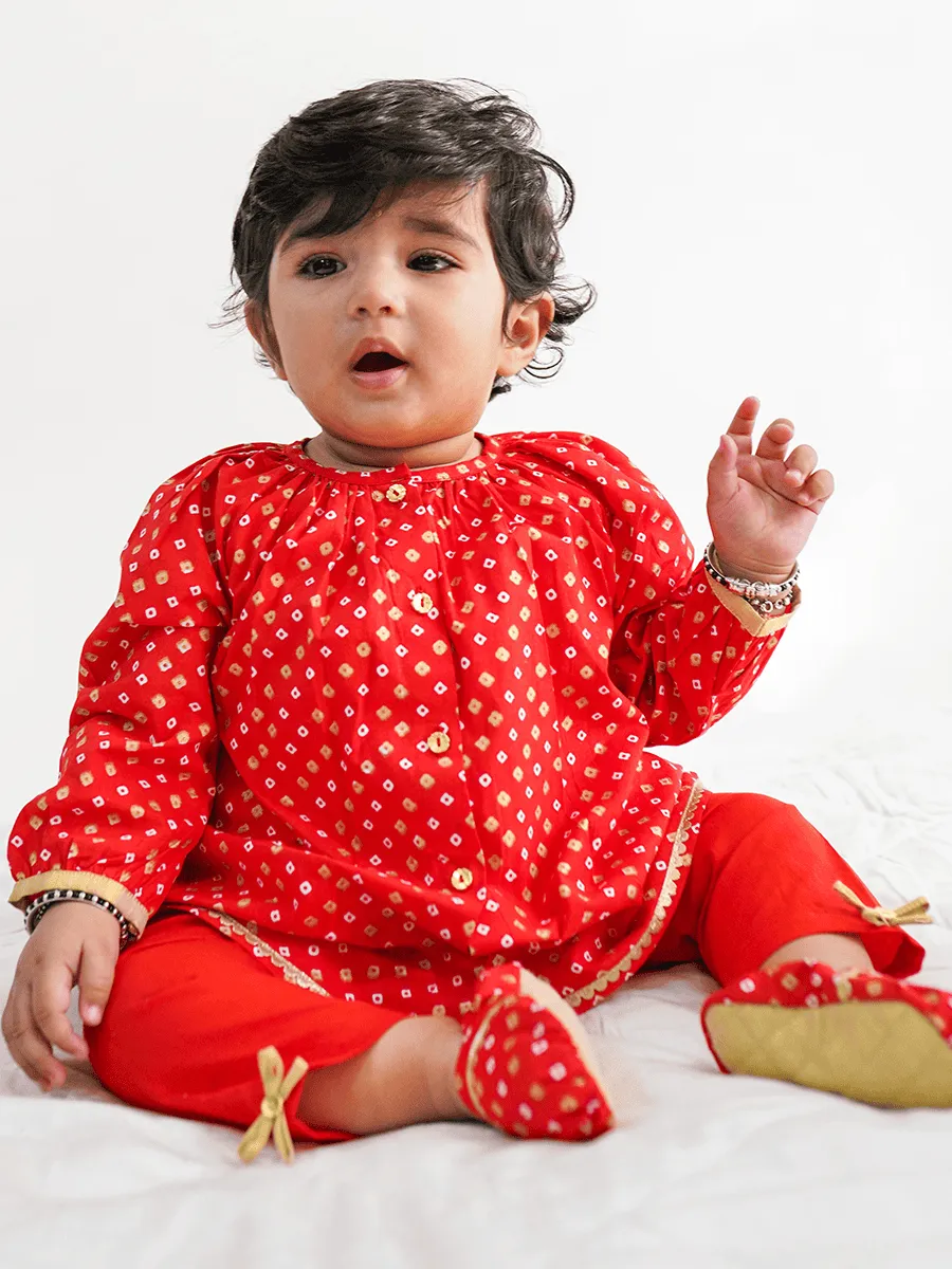 Baby Girl Bandhani Printed Jhabla Set-Red