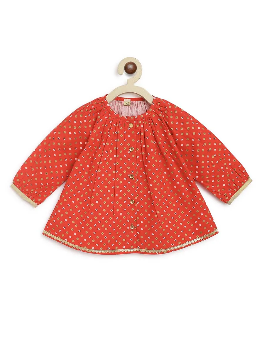 Baby Girl Bandhani Printed Jhabla Set-Red