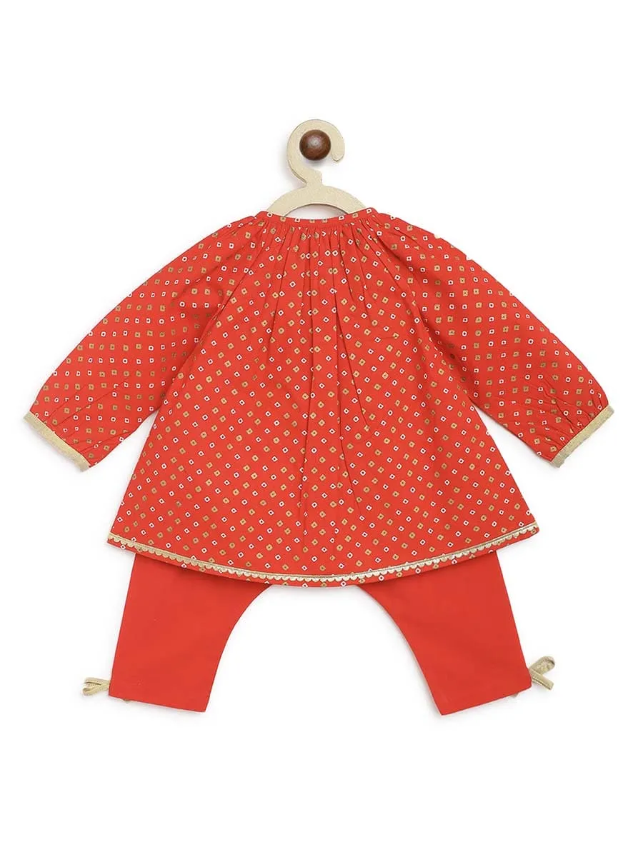 Baby Girl Bandhani Printed Jhabla Set-Red