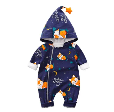 baby Unisex Long Sleeve Hooded jumpsuit - fox illustrated