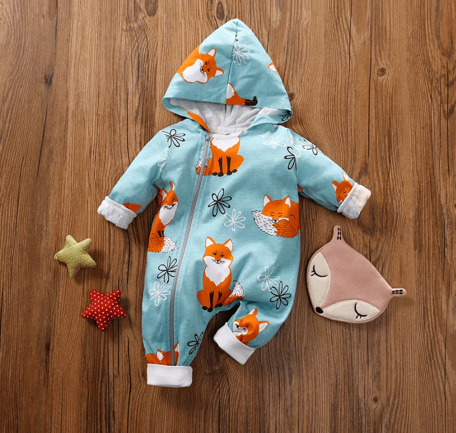 baby Unisex Long Sleeve Hooded jumpsuit - fox illustrated