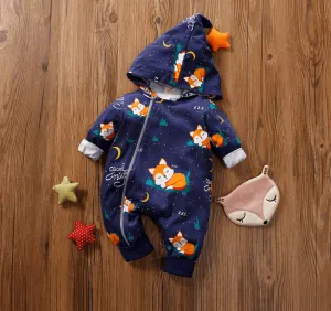 baby Unisex Long Sleeve Hooded jumpsuit - fox illustrated