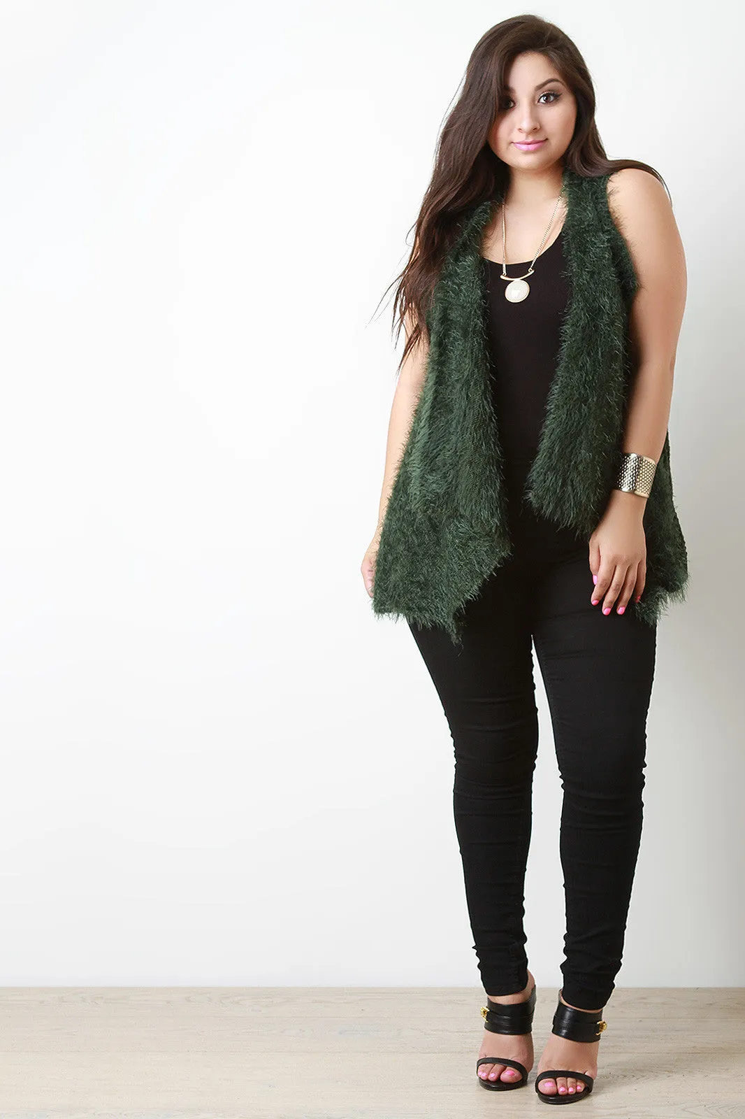 Back Contrast Knit Sleeveless Drape Faux Fur Vest