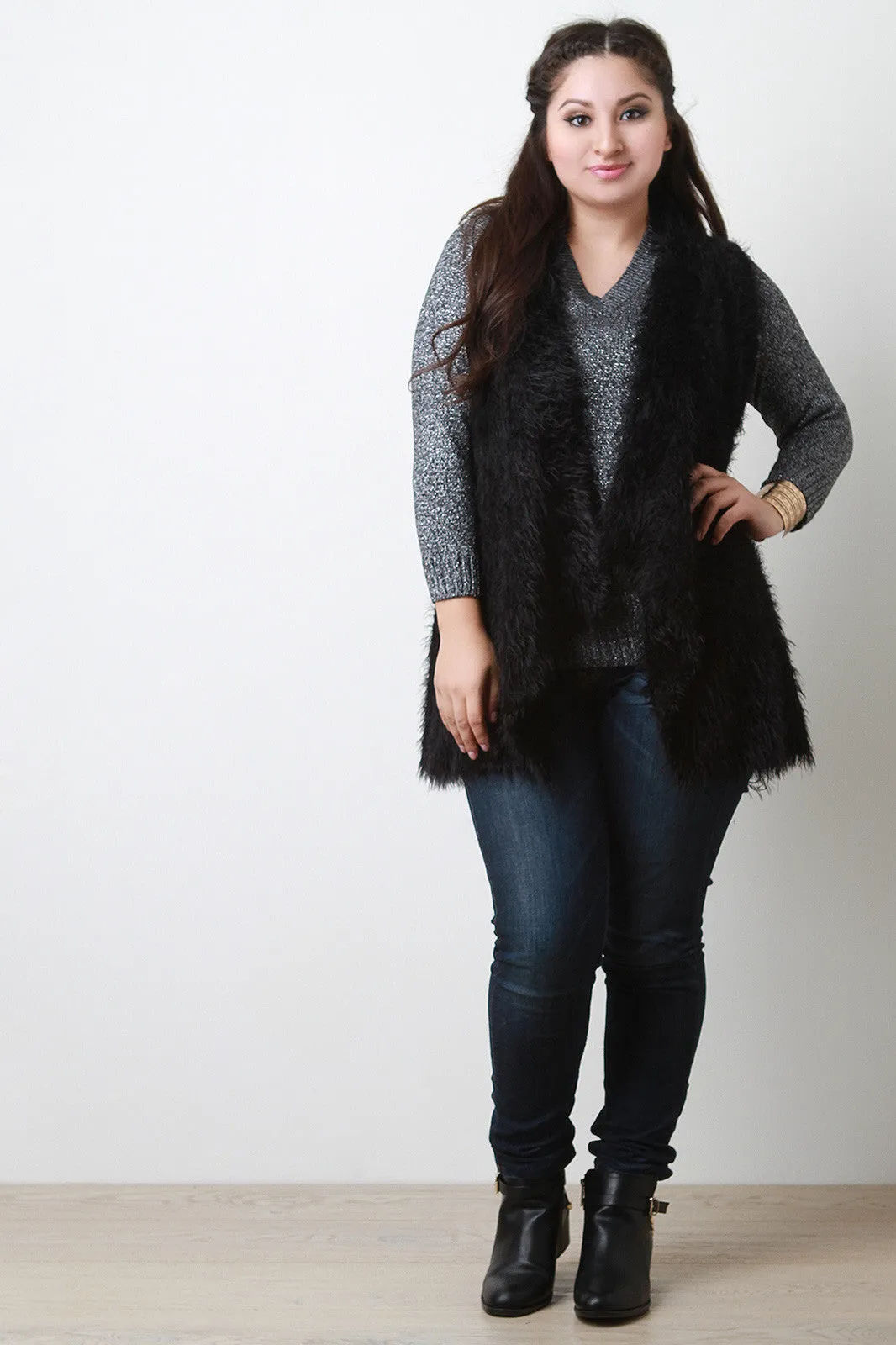 Back Contrast Knit Sleeveless Drape Faux Fur Vest