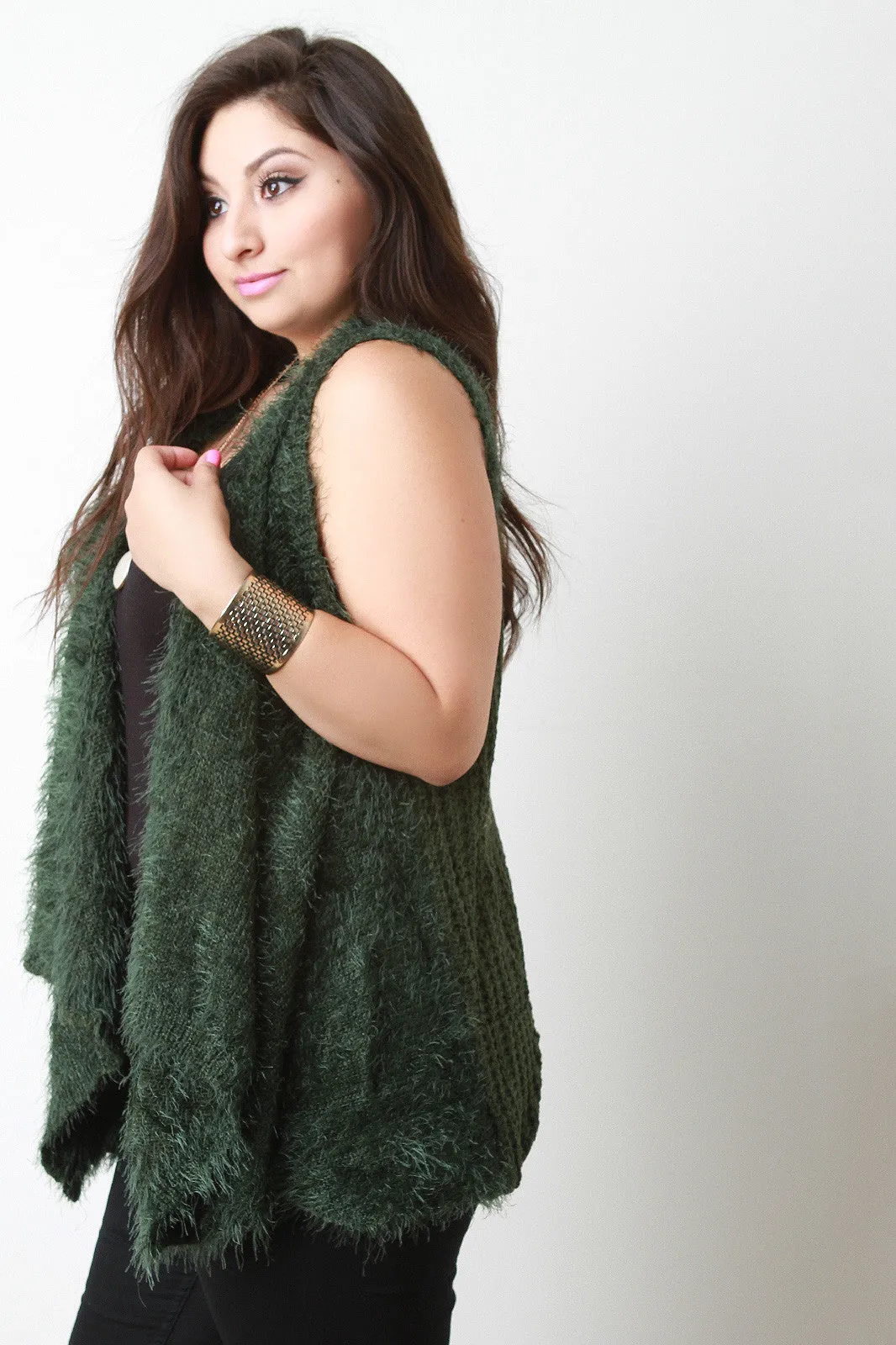 Back Contrast Knit Sleeveless Drape Faux Fur Vest