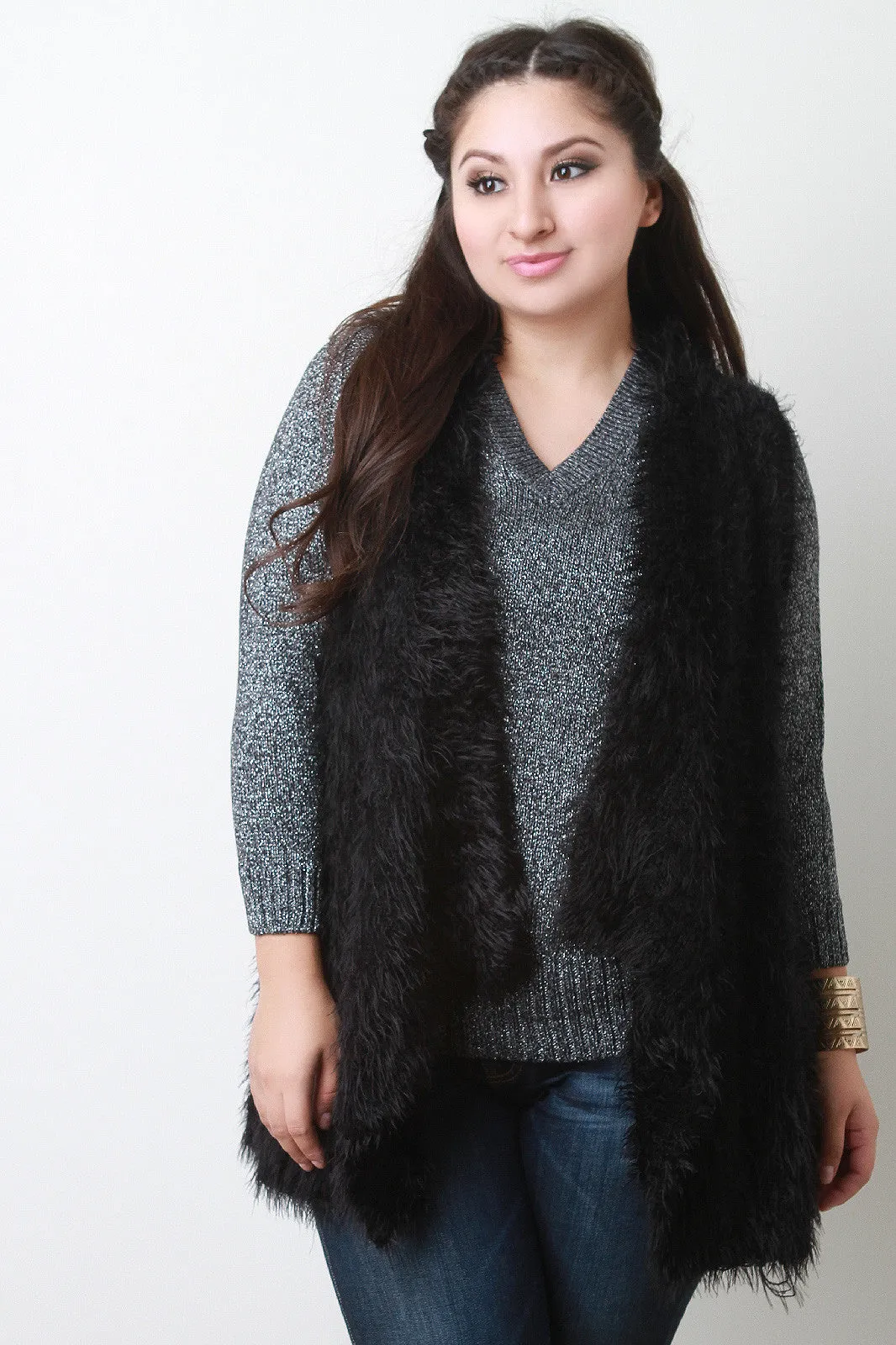 Back Contrast Knit Sleeveless Drape Faux Fur Vest