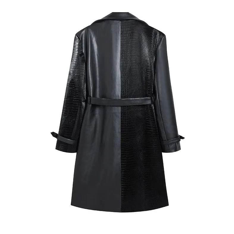 Black Solid Leather Croc Patch Trench Coat