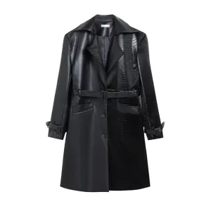 Black Solid Leather Croc Patch Trench Coat