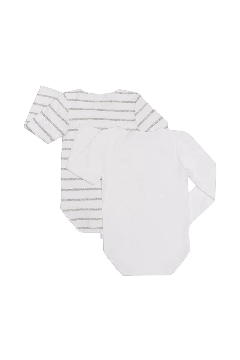 Bonds Rib Long Sleeve Bodysuit 2 Pack - White/White & Grey Stripe