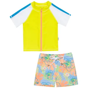 Boys Short Sleeve Zipper Rash Guard and Swim Trunk Set | "Groovy"