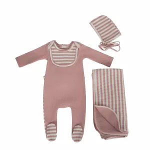 Cadeau Baby Girl Layette Set (Bow Ribbed Footie , Bonnet & Blanket)