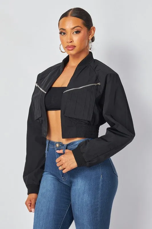 Carolina Crop Open Front Nylon Bomber Jacket