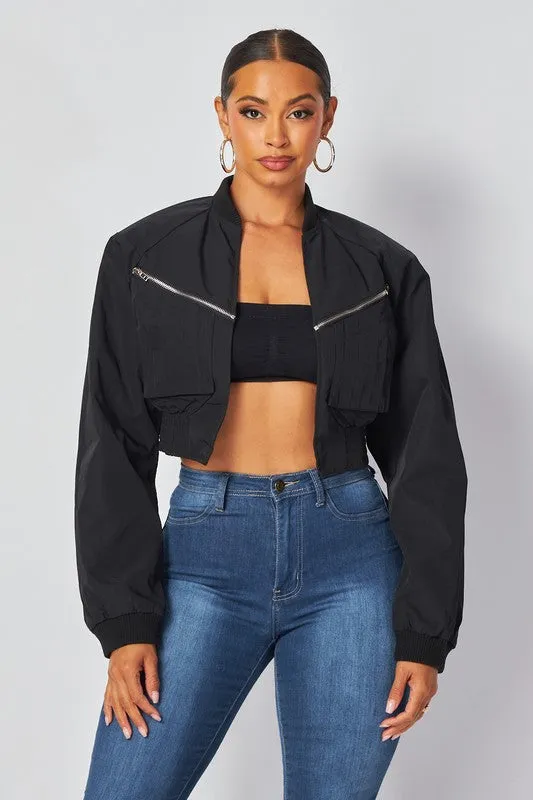 Carolina Crop Open Front Nylon Bomber Jacket