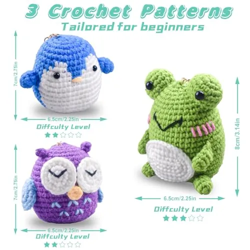 Crochet Kit for Beginners Kids - Adults - Amigurumi Crocheting Animal Kits, Beginner Knitting Set DIY Art Craft, 3 Pattern Owl, Penguin, Frog, Easy to Learn Tutorials, Yarns, Hook, for kids Age 8 