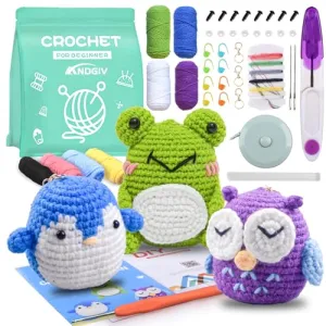 Crochet Kit for Beginners Kids - Adults - Amigurumi Crocheting Animal Kits, Beginner Knitting Set DIY Art Craft, 3 Pattern Owl, Penguin, Frog, Easy to Learn Tutorials, Yarns, Hook, for kids Age 8 