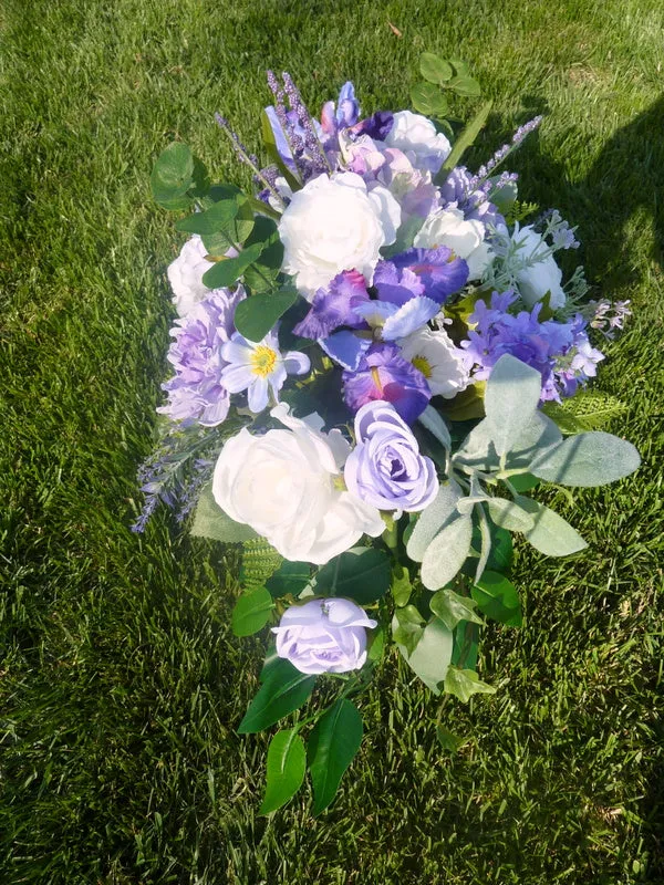 Grave site spray in Purple and white, memorial flowers, silk flower headstone saddle