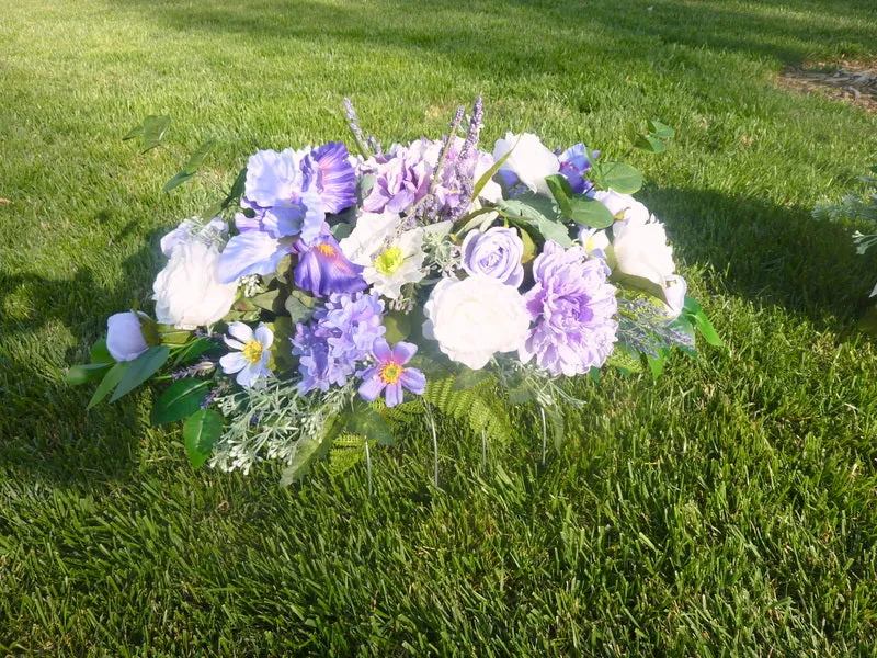 Grave site spray in Purple and white, memorial flowers, silk flower headstone saddle