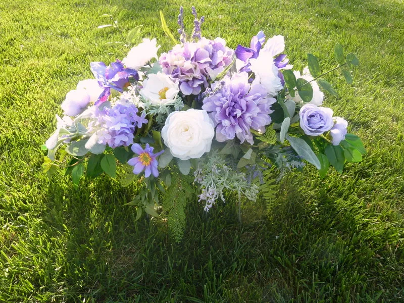 Grave site spray in Purple and white, memorial flowers, silk flower headstone saddle