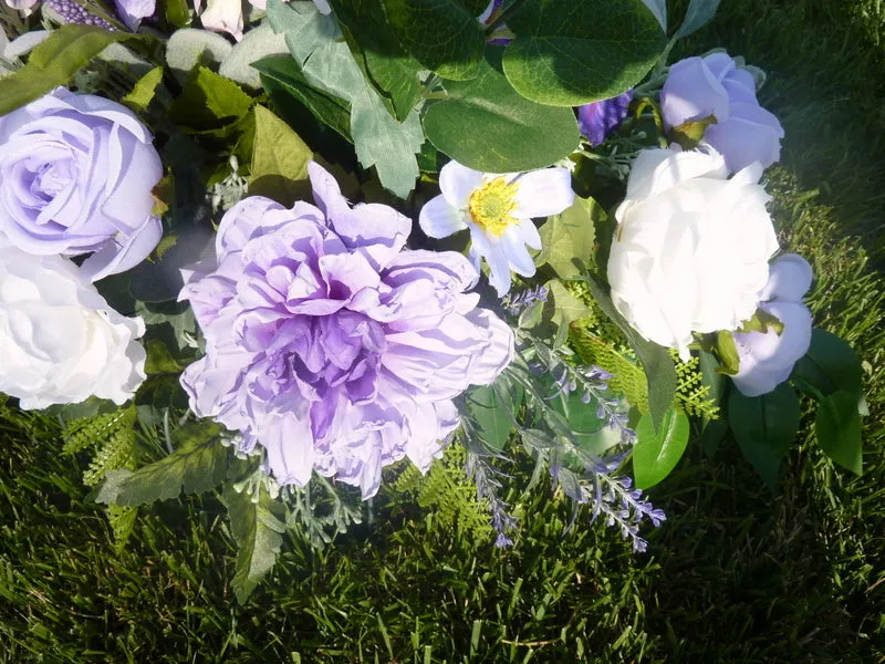 Grave site spray in Purple and white, memorial flowers, silk flower headstone saddle