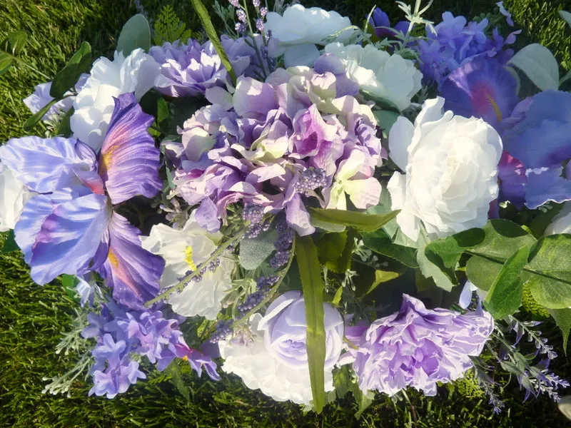 Grave site spray in Purple and white, memorial flowers, silk flower headstone saddle