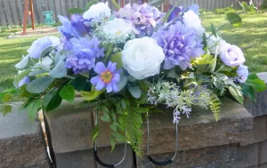 Grave site spray in Purple and white, memorial flowers, silk flower headstone saddle