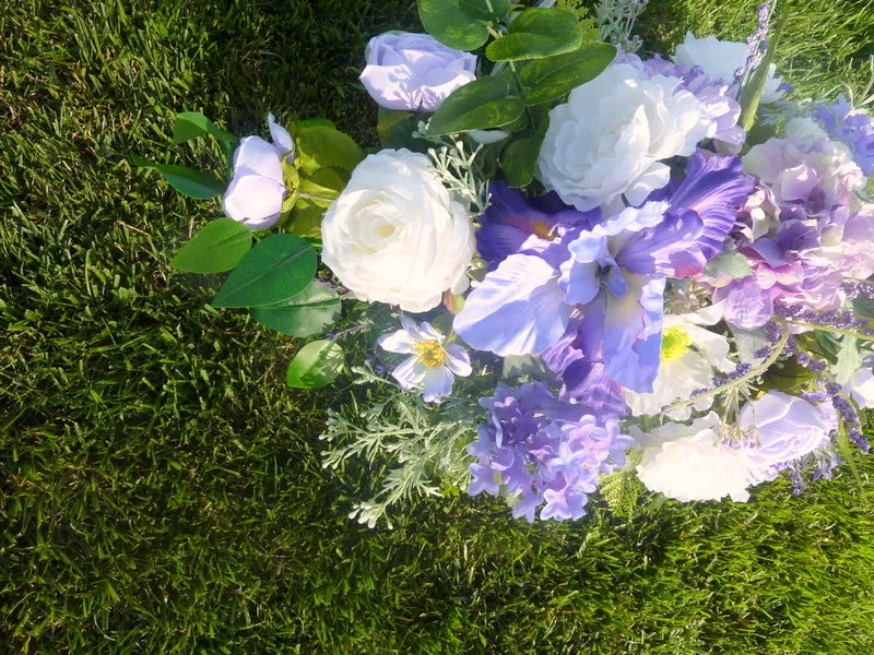 Grave site spray in Purple and white, memorial flowers, silk flower headstone saddle