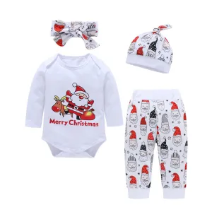 Infant Baby Santa Flower Print Christmas Girls  Romper Pants Hat Headband Outfits 2018