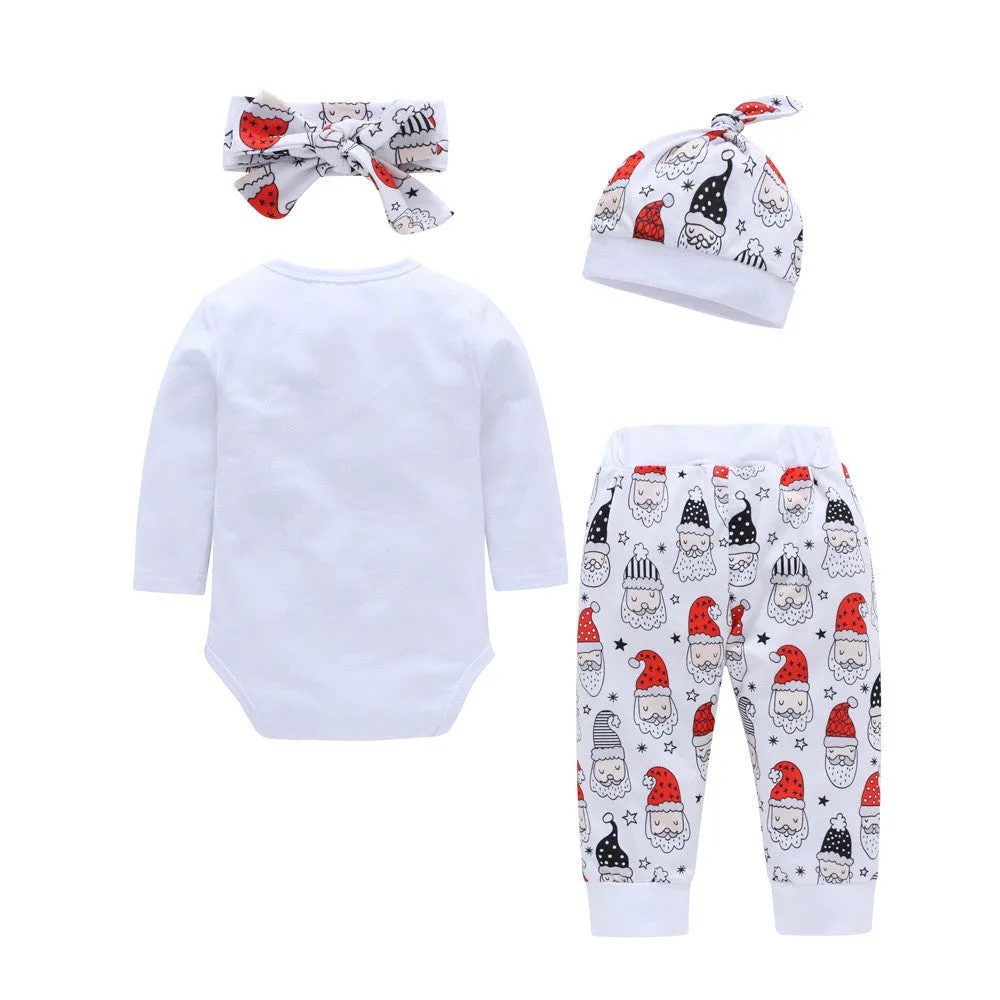 Infant Baby Santa Flower Print Christmas Girls  Romper Pants Hat Headband Outfits 2018