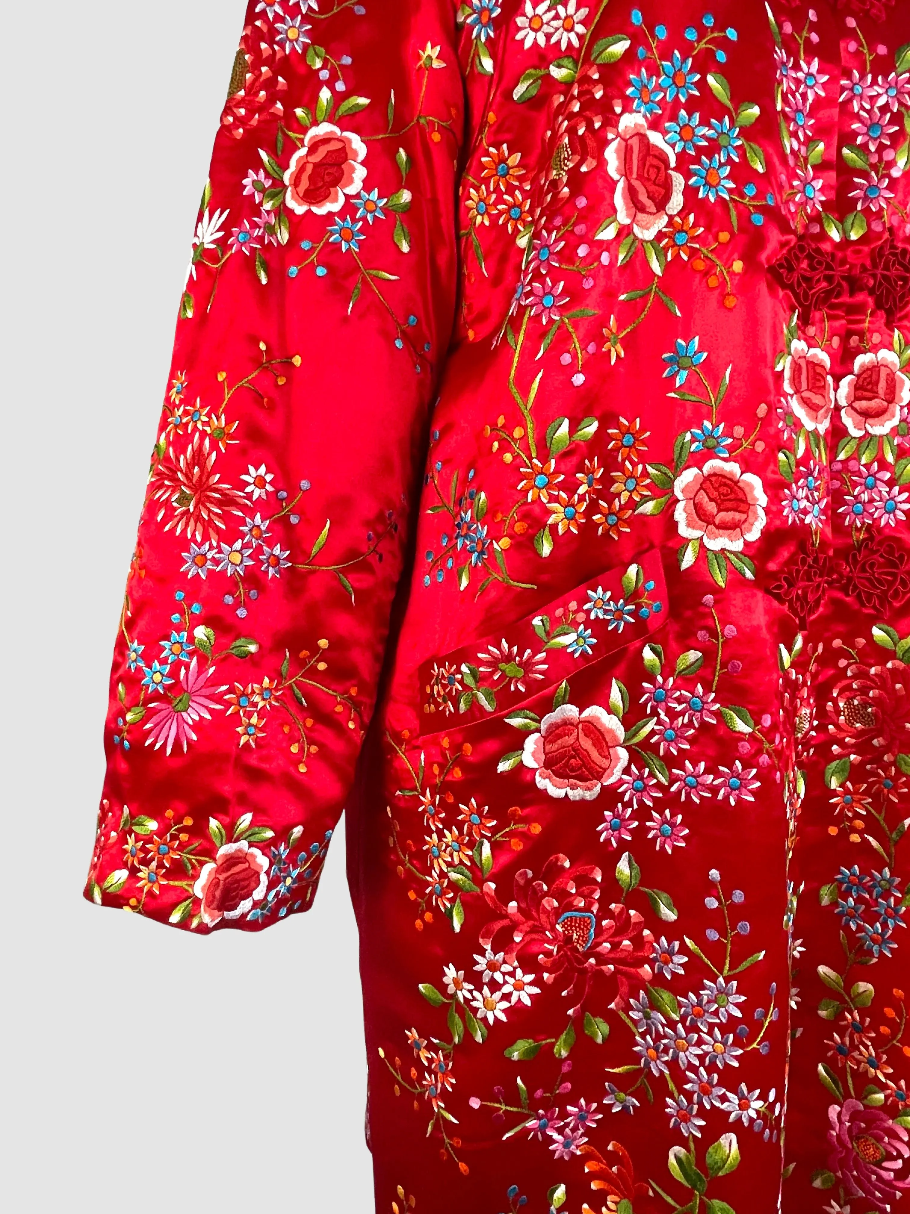 PLUM BLOSSOMS 70s Red Silk Satin Embroidered Asian Coat, Size Small