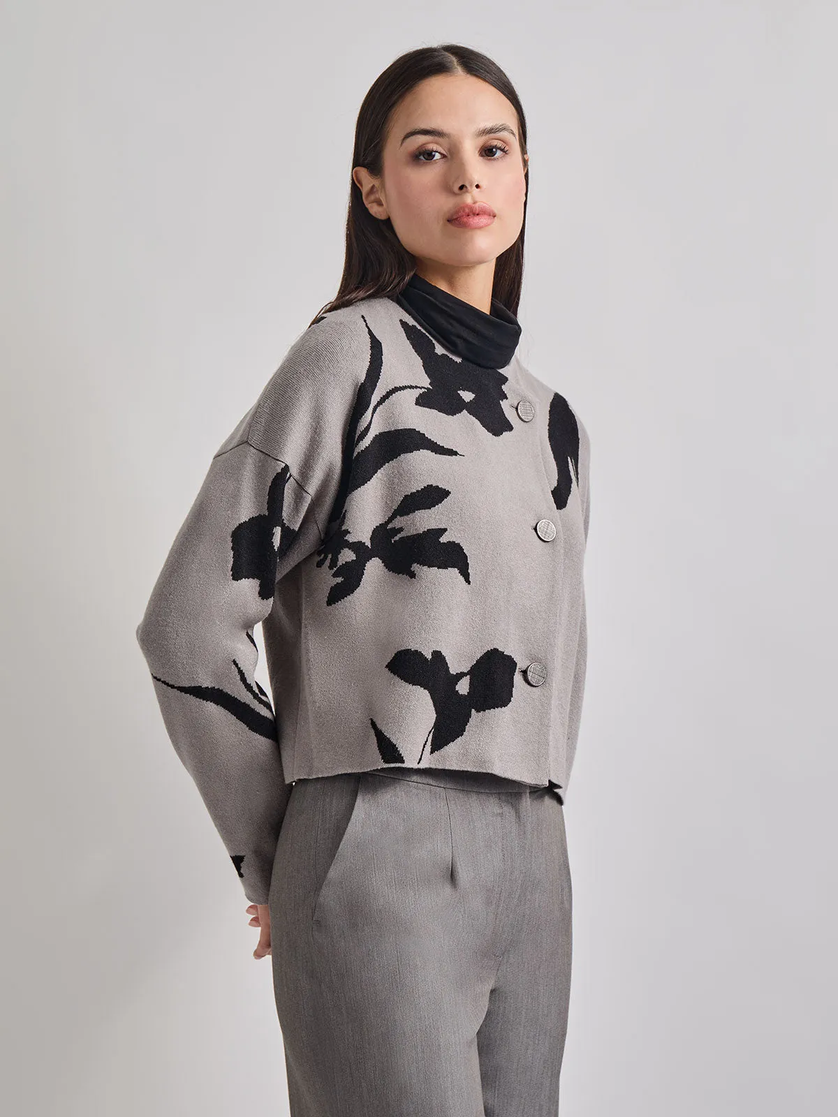 Relaxed Fit Abstract Floral Soft Knit Jacket