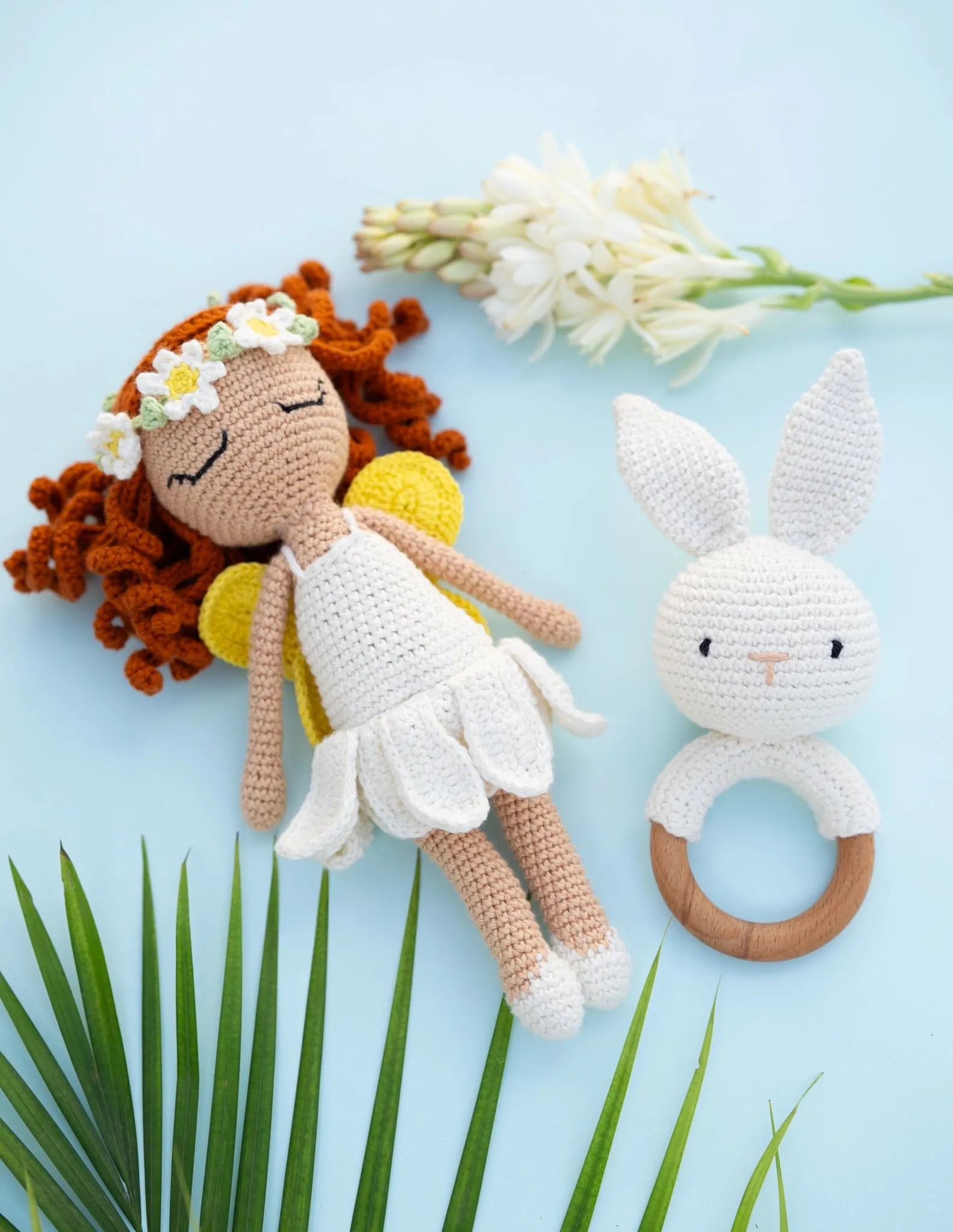 TimberTots Crochet Bunny Rattle | Wooden Baby Teether