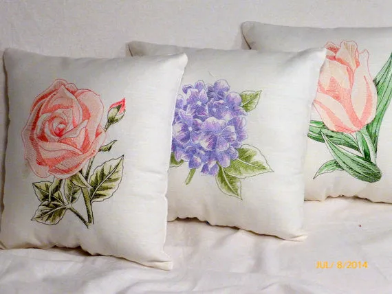 Tulip pillows, Embroidered pillows, Linen pillow Peach embroidered Tulip