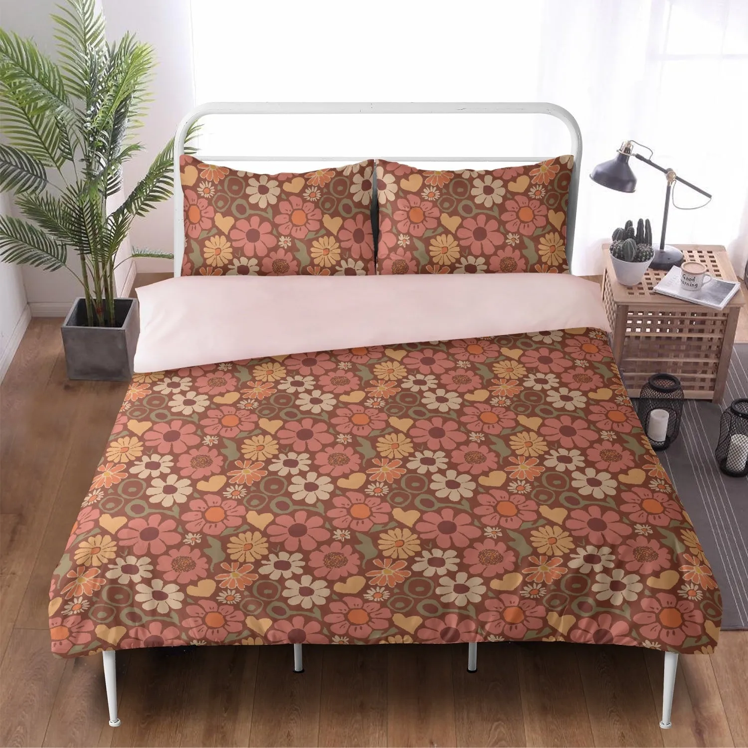 Vampire Art 3-Piece Retro Polyester Bedding Set - Boho Florals with Pink