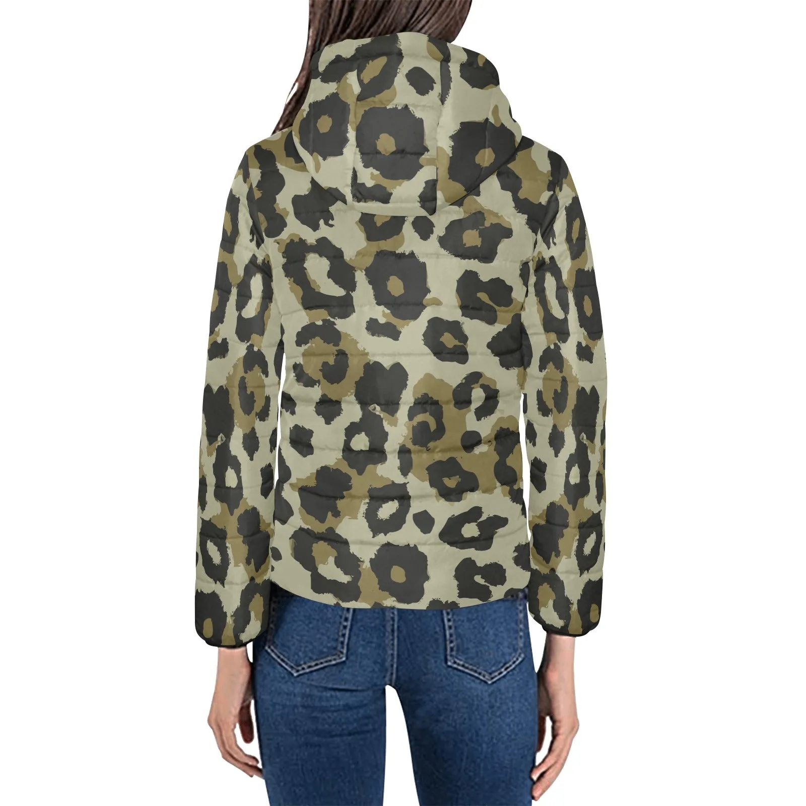 Vampire Art Grunge Animal Patterned Women's Padded Hooded Jacket - Grunge Khaki Leopard