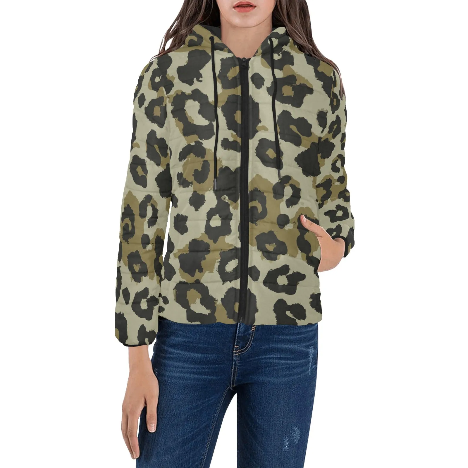 Vampire Art Grunge Animal Patterned Women's Padded Hooded Jacket - Grunge Khaki Leopard